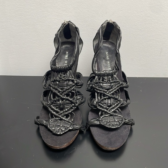 Nine West sandal stiletto black braided leather zipper  platform US7.5 - Picture 4 of 12